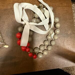 Gray and Red Beaded Ribbon Necklace - Women Jewelry